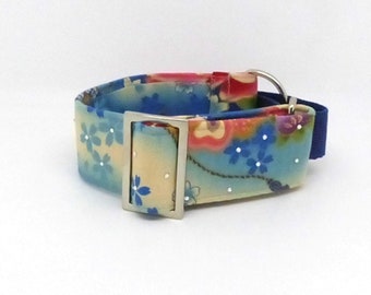 Floral Martingale Dog Collar, Japanese Oriental Flower Print, Optional Swarovski Crystals