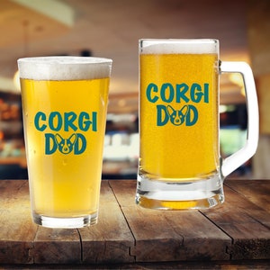 16 Ounces Beverage, Beer Glass or Mug with Handle - Corgi Dad