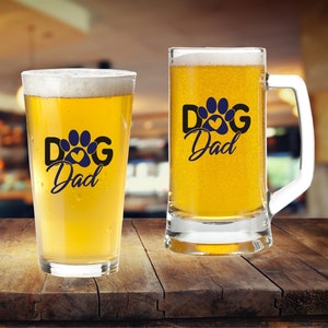 16 Ounces Beverage, Beer Glass or Mug with Handle - Dog Dad Paw Print