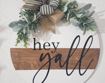 HEY YALL. White Wooden Floral Hello Farmhouse Decor Porch Door Hanger Sign