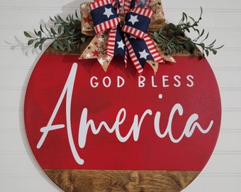 GOD BLESS AMERICA. Red Wooden Floral 4th of July Patriotic Farmhouse Decor Porch Door Hanger Sign