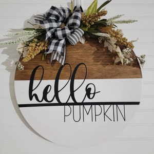 HELLO PUMPKIN. Fall Black and White Wooden Floral Farmhouse Halloween Autumn Decor Porch Door Hanger Sign