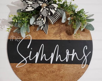 CUSTOM Last Name. Black Wooden Floral Farmhouse Decor Porch Door Hanger Sign