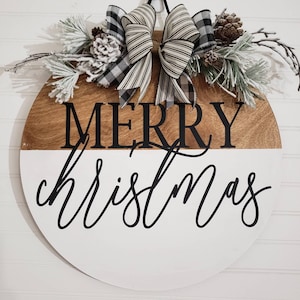 MERRY CHRISTMAS. Black, white and Wooden holiday Holly Floral Farmhouse Decor Porch Door Hanger wreath Sign