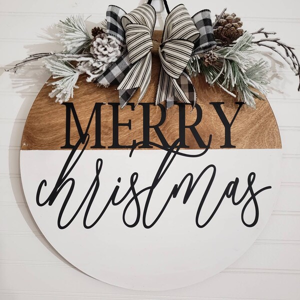 MERRY CHRISTMAS. Black, white and Wooden holiday Holly Floral Farmhouse Decor Porch Door Hanger wreath Sign