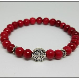 Red Coral St. Benedict Charm Bead Bracelet. Saint Benedict Bracelet. Mala Bead Bracelet