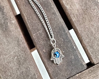 Hamsa Hand Silver Evil Eye Pendant Necklace, Hand of Fatima Charm Necklace, Gift For Him or Her