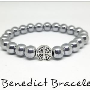 St. Benedict Bracelet/Silver Saint Benedict Bead Bracelet/Stackable Bracelet Stretch Bracelet