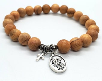 St. Michael Archangel Bracelet: Wooden Bead Catholic Jewelry