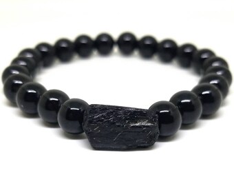 AAA Black Tourmaline Bracelet: 8mm Gemstone, Raw Center