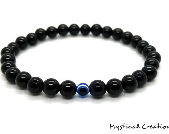 Black Evil Eye Beaded Bracelet For Men, Men's Jewelry Gift, Handmade Evil Eye Bead Gemstone Bracelet