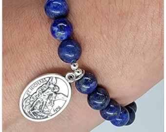 St. Michael Archangel Bracelet: Lapis Lazuli Catholic Charm, Protection Jewelry
