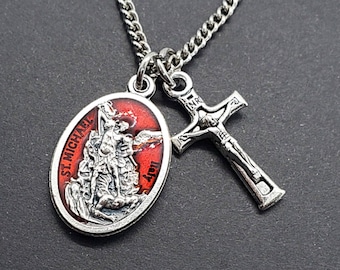 St. Michael Necklace: Silver Guardian Angel, Red Enamel, Catholic