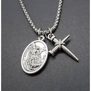 St. Michael Necklace, Saint Michael Necklace, Police, Military Gift For Him or Her, Unisex, Archangel Michael Nail Cross Pendant Necklace