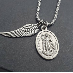 St. Raphael Archangel Necklace, Silver Archangel Raphael Healing Necklace, Catholic Gift, Catholic Holy Medal and Wing Charm Necklace
