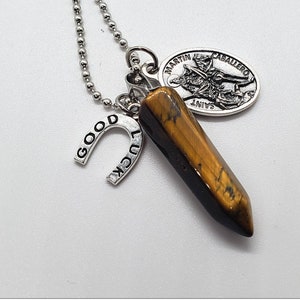 San Martin Caballero Catholic Charm Necklace, Tiger Eye Gemstone Pendant Necklace, Good Luck Horseshoe Pendant, Catholic Gifts For Him/Her