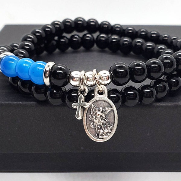St. Michael Thin Blue Line Bracelet: Onyx Bead Police Officer Gift