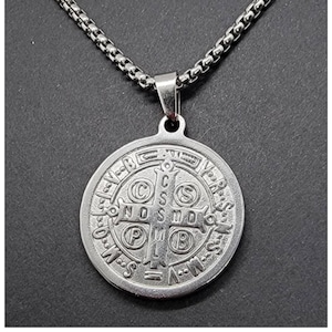Saint Benedict Coin Pendant Stainless Steel Box Chain. Silver Religious Medallion For Man or Woman, St. Benedict Catholic Gift Unisex