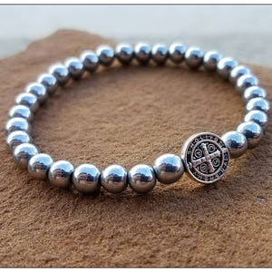 silver St. Benedict  Bracelet.  Saint Benedict Charm Bracelet.  Men's and Women's  Bracelet. Catholic Saint.