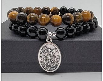 Archangel Michael Bracelet, Saint Michael Bracelet, Double Wrap Onyx and Tiger's Eye Protection Bracelet, Catholic Gifts, Unisex Bracelet