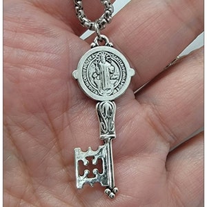 St. Benedict Key Charm Necklace, Catholic Gift For Him or Her, Protection Saint Benedict Necklace, San Benito Silver Necklace