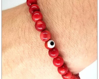 Red Coral Evil Eye Beaded Bracelet - Protection Jewelry