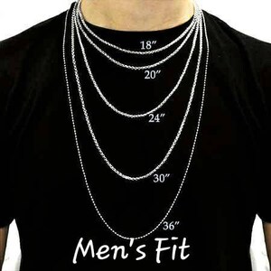 May include: A silver chain necklace with different lengths, labeled 18 inches, 20 inches, 24 inches, 30 inches, and 36 inches. "Men's Fit" is written at the bottom of the image.