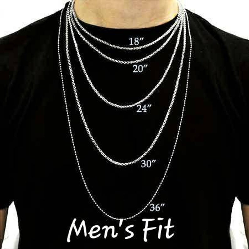 May include: A silver chain necklace with different lengths, labeled 18 inches, 20 inches, 24 inches, 30 inches, and 36 inches. "Men's Fit" is written at the bottom of the image.
