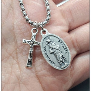 St. Raphael Archangel Necklace, Silver Necklace, Catholic Gift, Catholic Holy Medal & Cross Charm Necklace