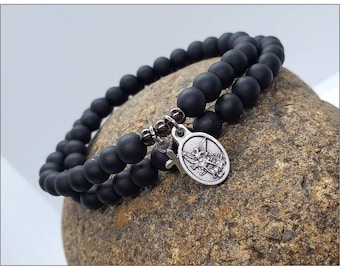St. Michael Bracelet: Onyx Bead Double Wrap, Oxidized Silver Charm