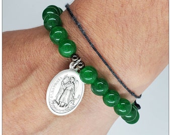 Jade Green Archangel Raphael Bracelet: Oxidized Silver Catholic Charm