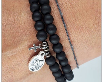 St. Michael Bracelet: Onyx Bead, Oxidized Silver Charm