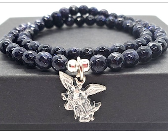 Archangel Michael Bracelet: Sandstone Bead Double Wrap, Catholic Jewelry