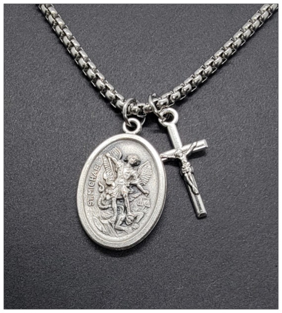 St. Michael Necklace: Oxidized Silver Archangel, Police Military