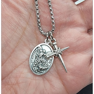 St. Michael Necklace, Saint Michael Necklace, Police, Military Gift For Him or Her, Unisex, Archangel Michael Nail Cross Pendant Necklace