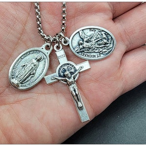Triple Saint Protection Charm Necklace, St. Benedict, Miraculous Medal, St. Michael Archangel Catholic Charm Necklace, Gift For Him or Her