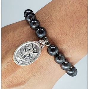 St. Michael Bracelet, Saint Michael Hematite Charm Bracelet, Catholic Gifts, Baptism Gifts, Spiritual Protection Jewelry