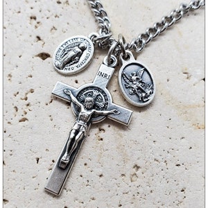 St Benedictine Cross, Saint Benedict Silver Cross Necklace with  Dainty Miraculous Medal, Dainty St. Michael, Triple Protection Necklace