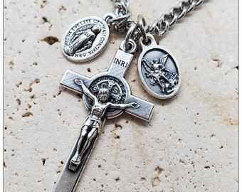 St. Benedict Silver Cross Necklace: Miraculous Medal, St. Michael