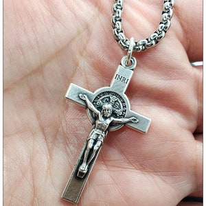 St Benedict Silver Cross Necklace, Saint Benedict Crucifix Catholic Charm Protection Cross Gift For Him, Gift For Her, Religious Pendant