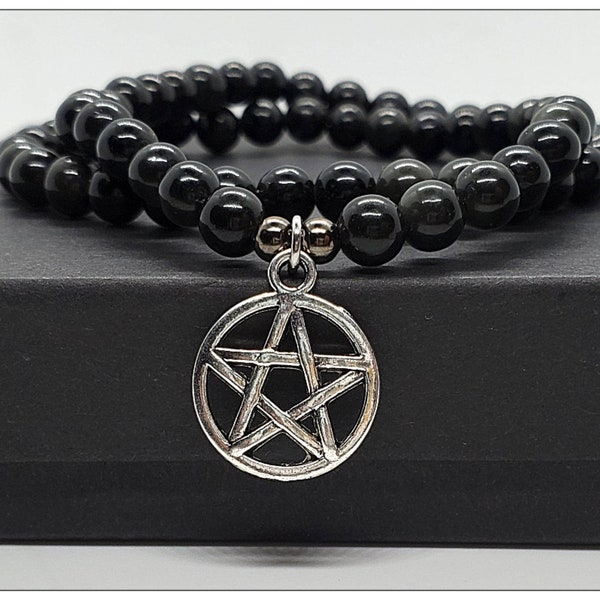 Black Obsidian Pentagram Wiccan Witch Protection Bracelet, Wiccan Jewelry, Wiccan Gifts, Pentacle Witch Bracelet, Spiritual Gift Unisex