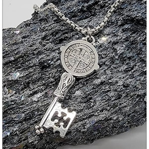 St. Benedict Key Charm Necklace, Catholic Gift For Him or Her, Protection Saint Benedict Necklace, San Benito Silver Necklace
