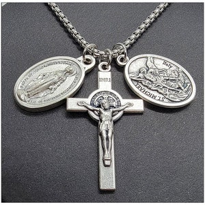 Triple Saint Protection Charm Necklace, St. Benedict, Miraculous Medal, St. Michael Archangel Catholic Charm Necklace, Gift For Him or Her