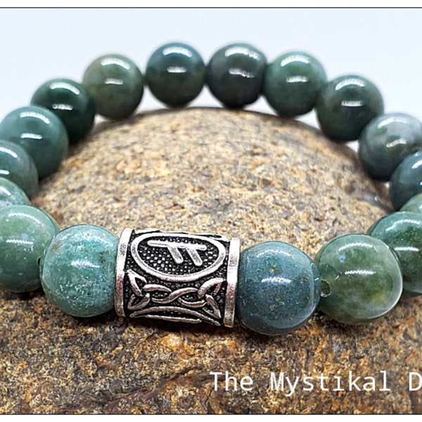 10mm Norse Viking Pagan Moss Agate Gemstone Beaded Bracelet, Crystal Fehu Men's Beaded Bracelet, Gifts For Him, Wealth Money Bracelet