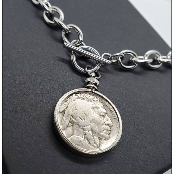 Real Vintage Buffalo Coin Toggle Necklace, Silver Chain Coin Jewelry Coin Necklace, Gift for Him, Gift For Her, Choker Necklace