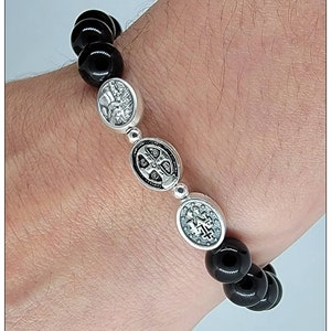 Triple Saint Protection Bracelet Tourmaline St. Michael Archangel, Miraculous Medal, Saint Benedict Charm Bead Bracelet, Catholic Bracelet