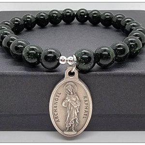 Archangel Raphael Healing Bracelet. Catholic Charm Bracelet. Archangel Unisex Bracelet Green Sandstone 8mm Beaded Bracelet, Unisex Bracelet