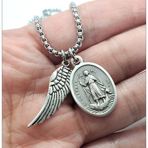 St. Raphael Archangel Necklace, Silver Archangel Raphael Healing Necklace, Catholic Gift, Catholic Holy Medal and Wing Charm Necklace