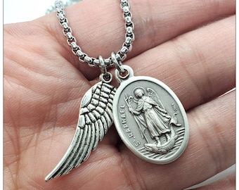 St. Raphael Archangel Necklace: Silver Healing Medal, Wing Charm