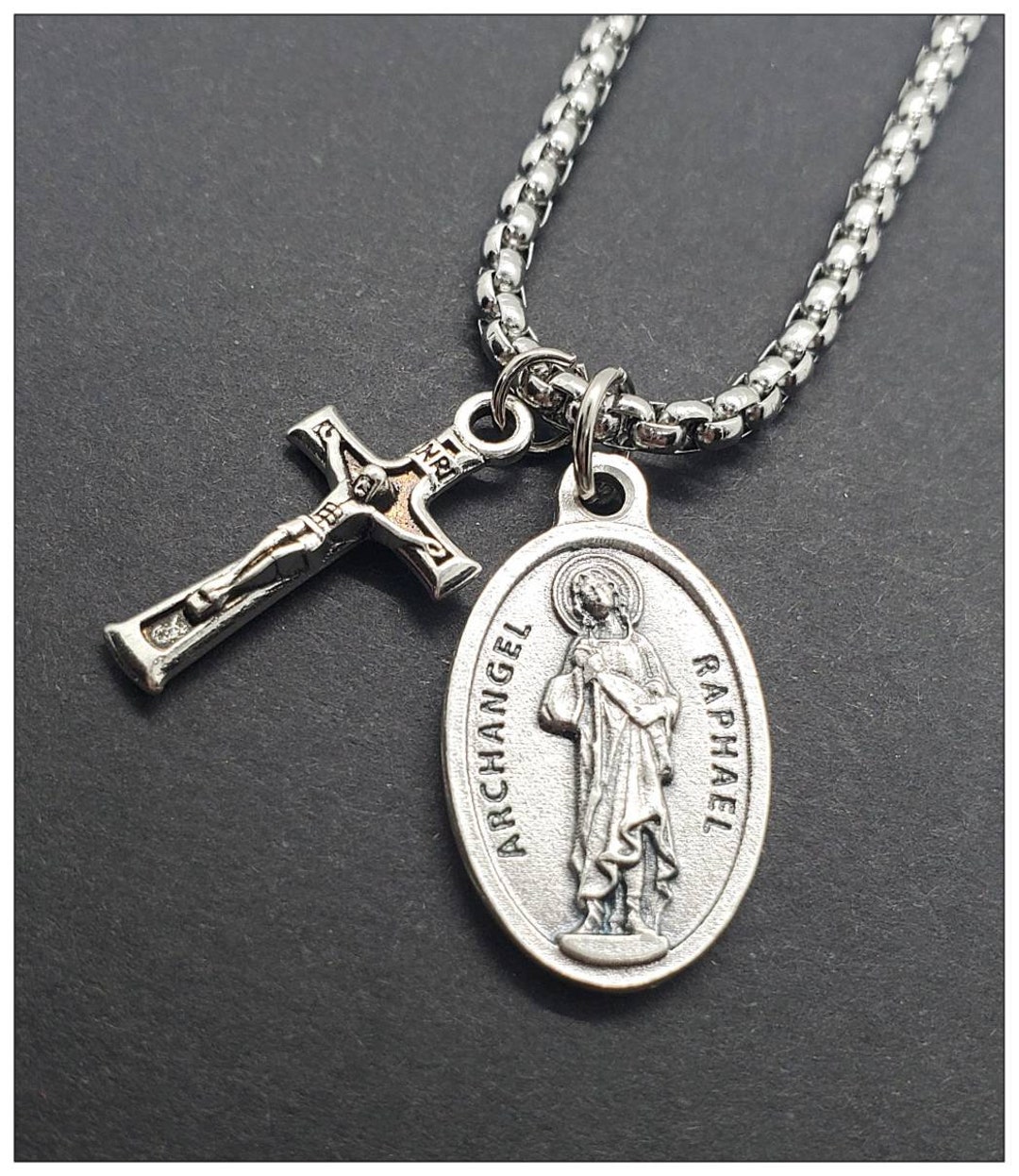 St. Raphael Archangel Necklace: Silver Catholic Medal & Cross Charm - Etsy